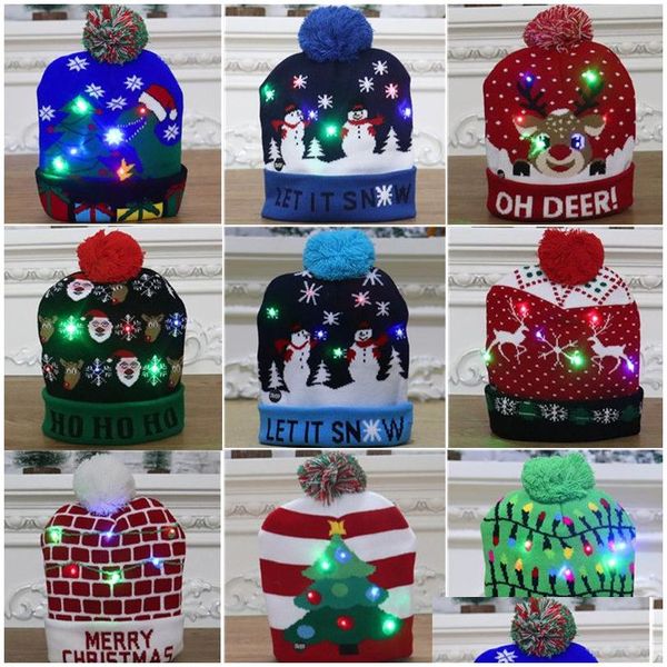 Noel Dekorasyonları 2024 LED Örme Hat Beanie Light Up çocuklar için sıcak şapkaları aydınlatın ADTS Yeni Yıl Dekor Desen Teslimat Ev Bahçesi DHSI2