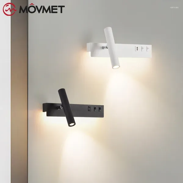 Lâmpada de parede Ferro simples LED LED Spotlight Bedido USB Charging Switch Light for Bedroom Estudo Sala de estar Leitura de cozinha interna