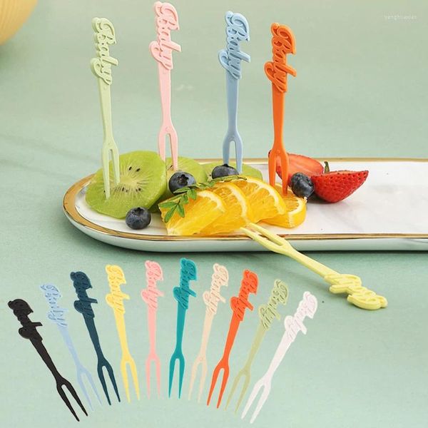 Forks 10pcs Plastikfruchtgabel zufällige englische Buchstaben Kuchen Mooncake Dessert Mittagessen Bento Accessoires Party Dekoration