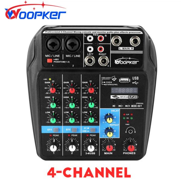 Mixer Woopker A4 Mixer de som 4Cannel Console Bluetooth USB Record Computador 48V Phantom Power Atraso Repaeat Effect Audio Mixer