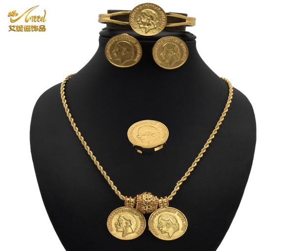 Schmuck set afrikanische Brautohrsets Frauen Indianer Gold plattiert Schmuckmünze Halskette Eheringe Armband Ägyptische Designer3604200