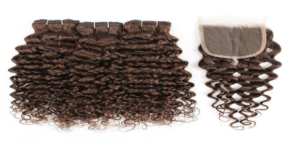 Bundles de cabelo castanho escuro KissHair com 4x4 Fechamento de renda cor 4 Water Wave