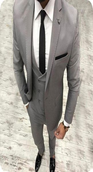 2019 Novo cinza 3 peças masculino traje de noivo barato fatos de homem formal para homens de casamento slim fit noivo smokings for mannacketvest5265858