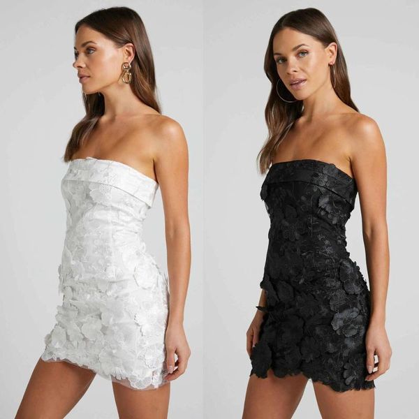 Lässige Kleider sexy trägerloser Abend Partykleid für Frauen weiß schwarz ärmellose formelle promn mesh Stickerei Chic Mini Geburtstagskleid