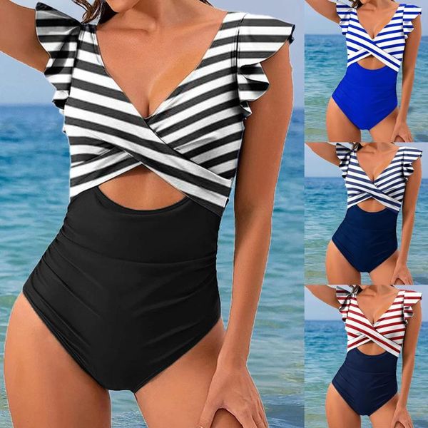 Swimwear femminile sexy sexy pezzi da bagno con arruffato coutout body body rouched a strisce femminile da bagno cambio da bagno da bagno femmina