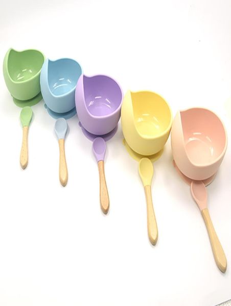 Ciotola da alimentazione a prova di fuoriuscita di silicone set ciotola di lumaca cartone animato in silicone con pentole in legno per alimentazione per infantili per bambini Child8013980