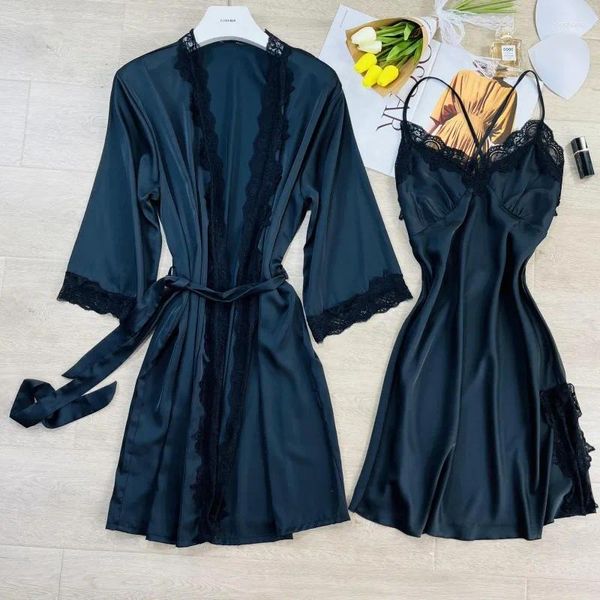 Heimkleidung sexy Satin 2pcs Bademantel Anzug Chemise Nachtwäsche Frauen Strap Nightkide Braut Lounge Trage Sommer V-Ausschnitt Kimono Robe Kleid