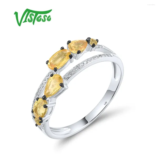 Anelli a grappolo VISTOSO Genuino 14K 585 Anello in oro bianco per donne Scintillanti Sapphire giallo ogni giorno indossando semplici gioielli alla moda