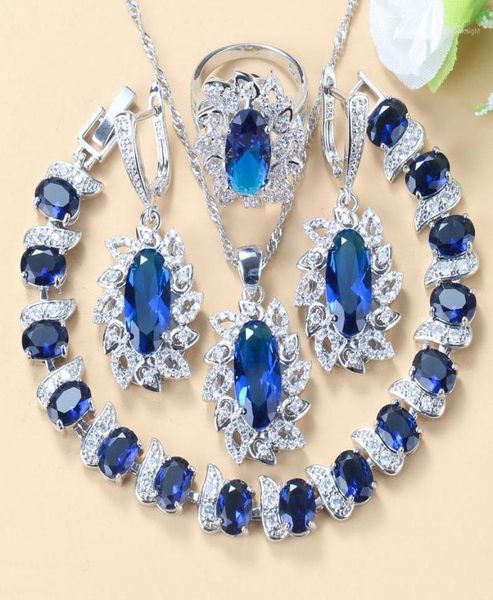 Silver 925 Bridal Costume Dewelly Sets с натуральным камнем Cz Blue Dangle Servage Bracelet и кольцо для женщин -ювелирных изделий17046505