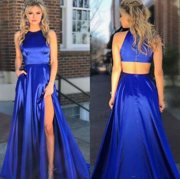 2020 Long Royal Blue Prom Dresses High Slit Side Sexy Hollow tras