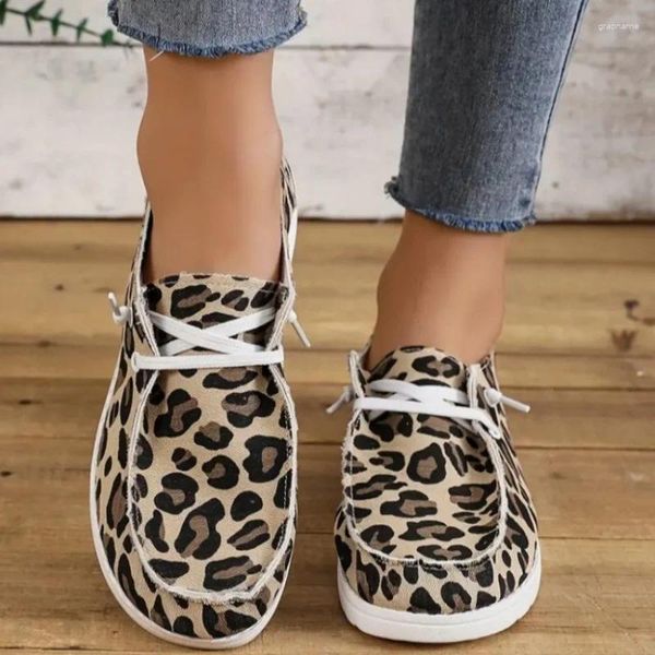 Sapatos casuais fêmea à venda 2024 Round Head Flats Flats Outdoor Mulheres Leopard Lace Up Flat With Ladies Zapatos