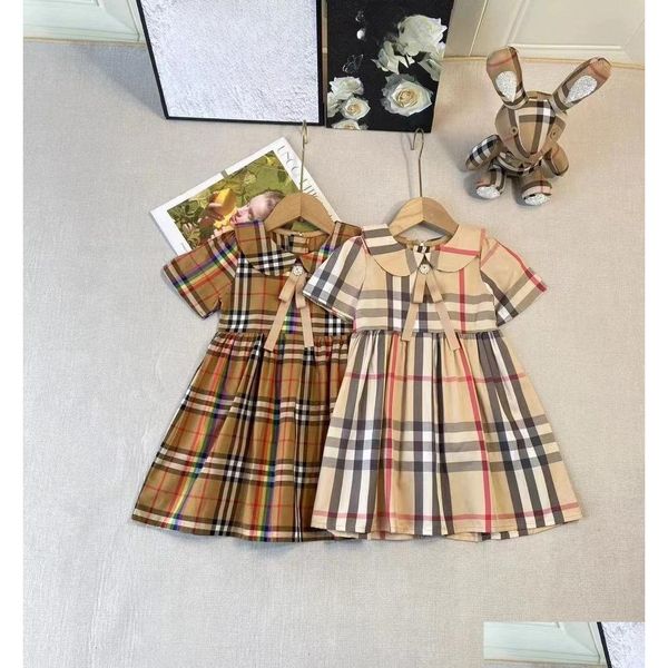 Mädchen Kleider Ins Plaid England Style Kinder Fliege Krawatte Lapel Kurzarm Faltenkleid 2024 Sommer Kinder Baumwollgitter Kleidung S1307 DHW2G