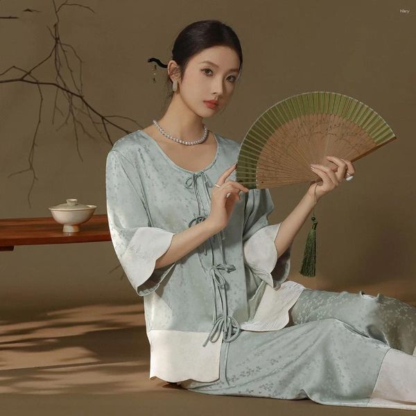 Heimkleidung Jacquard Satin 2pcs O-Neck Pyjamas Set Sommer Nachtwäsche Chinesische Stil Chinesische Top-Hose Pyjama Anzug Frauen Nachtwäsche Kleidung