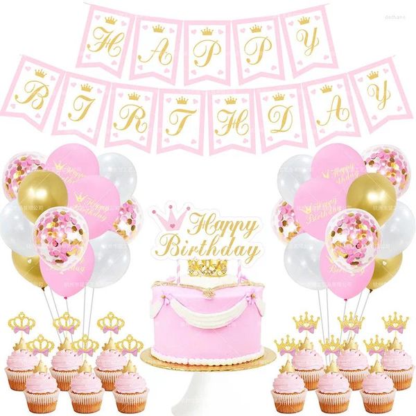 Decorazione della festa Pink Girl Birthday Happy Banner Banner Princess Women Cake Top Hat Crown Balloon Latex