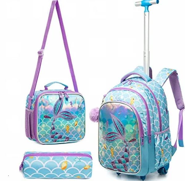 Mochila com rodas escolares de 18 polegadas para meninos meninas viagens rolando polegadas bolsas de carrinho de bolsa para almoço e lápis 240328