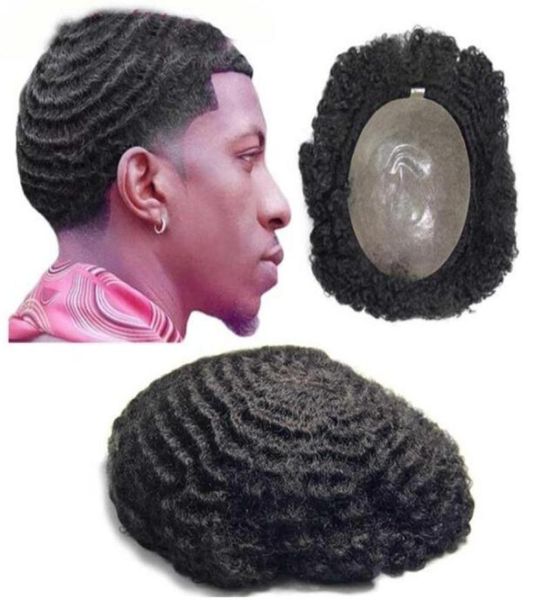 360 onda da 8 mm in pizzo completo toupee da 4mm afro curl pura pura da uomo 10a pezzi umani virginici per la sostituzione di neri per uomini 6073201 neri