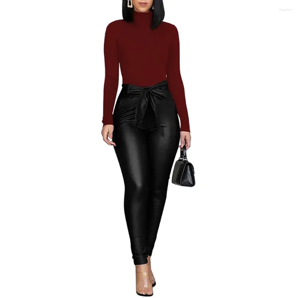 Pantaloni femminili da donna s elastico leggings in pelle finta leggeri pieghe sexy a vita alte bodycon ne nero con tasche