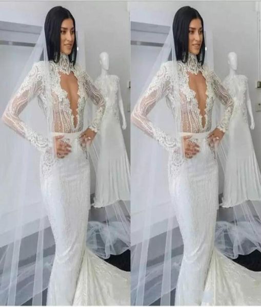 Abiti da sposa sirena in pizzo alto con appliques completi sweep maniche lunghe abiti da sposa country in rilievo taglie forti boho wed8950078