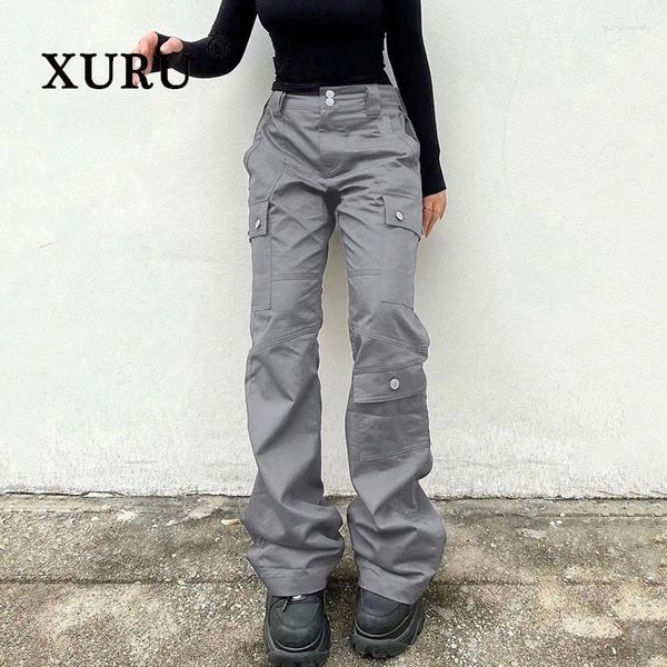 Женские джинсы Xuru - Европейская и американская много карманная работа носить серую высокую талию ощущение микрогона