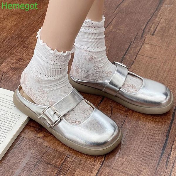 Pantofors piatto tallone basso mezzo rotondo sola sola sola comfort casual vetrini esterni in metallo fibbia in metallo scivolare su sandali da donna della moda sandali
