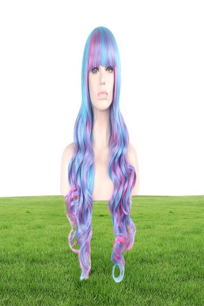 Woodfestival uzun kıvırcık peruk ombre sentetik elyaf saç perukları mavi pembe karışım renk lolita peruk cosplay kadın patlama 80cm7864463