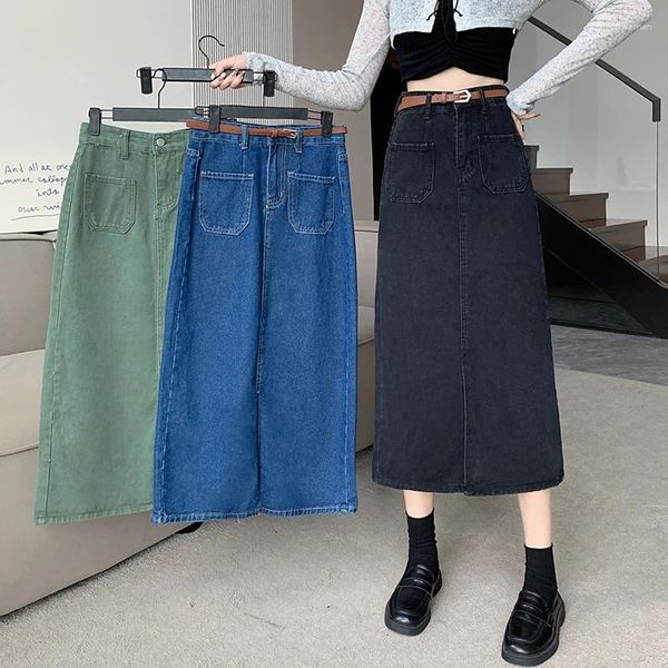 Signe Midi Midi High Waist Retro Denim Women Women L-4xl 2024 Autunno Casual Versatile Pocket Scaccia Diritti Slitta Fashi