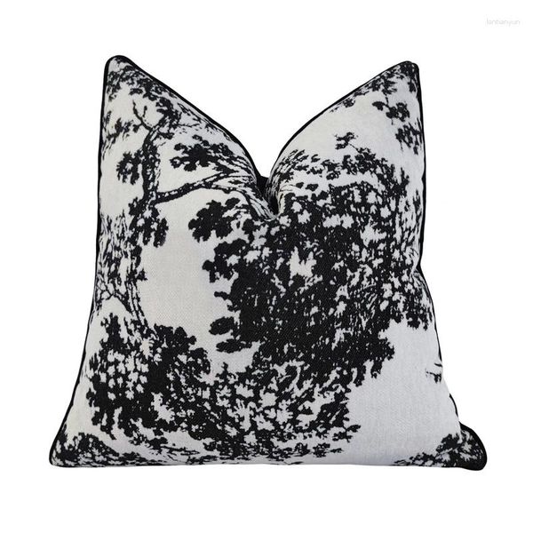 Yastık Deluxe Floral Black White Arbutus Cheniille Dokuma Ev Dekoratif Kılıf 45x45cm Kadife Pipping 1 Parça Paket