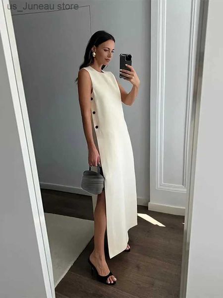 Vestidos casuais básicos 2024 Vestido maxi branco elegante de verão Mulheres sólidas O-gola O-juba-de-pescoço Botão sleveless Dressos femininos Férias de férias femininas Vestidos T240412