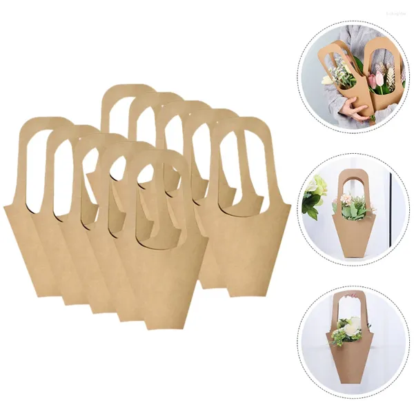 Flores decorativas 10 PCs Bolsa de Acondicionador Pequenas cestas de presente Kraft Paper Snackle Handle Bouquets