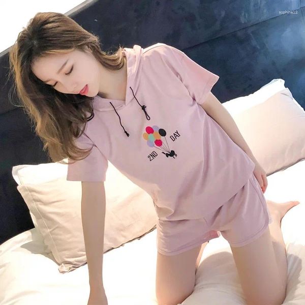 Home Clothing Korean Fashion Print Womens Pyjamas Shorts Set Kapuzenfrauen Dessne losen lässiger Schlaf 2 Stück