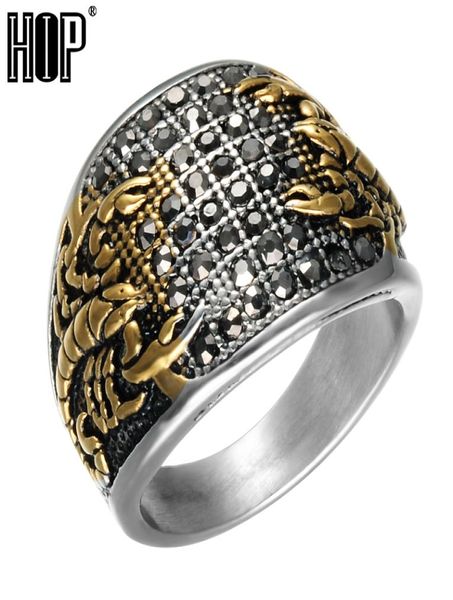 Punk Vintage Black Crystal Scorpion Pattern Mens Ring Gold Colore Gold Round in acciaio inossidabile Anelli di titanio per uomo Gioielli9749026