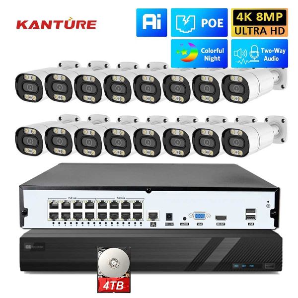 IP -камеры Kanture 16CH POE NVR 4K 8MP AI DETACTION DETACTION OutdoOr Audio Color Night Security System System Sypectiallance Set 24413