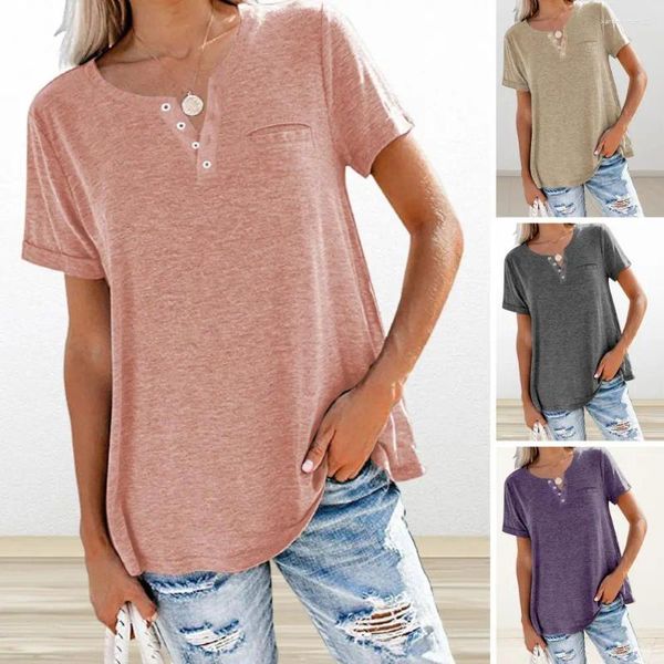 Blouses feminina Mulheres macias Tee elegante camiseta em V com botões Pocket Solid Color Soly Fit Shirt para Summer Streetwear Casual