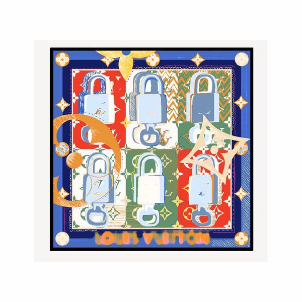 Arty Unlocked Designer l Buchstaben Farbmuster der Kennwortverriegelungsschlüsselschild Handtasche mit Sternpunktmuster Frauen Blau Seidenschal obere Marke Stirnband Square Travel 90 cm