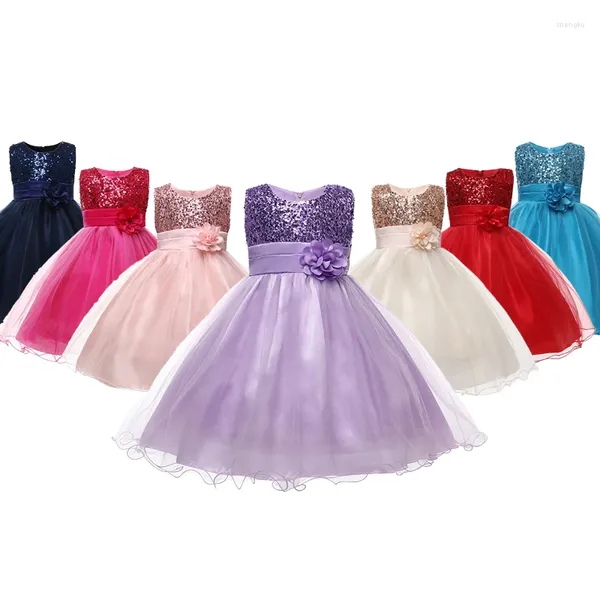 Mädchenkleider Pailletten Mädchen Kleider Kleid Sommer Ärmel und Mesh Mode Little Princess Piano Performance Kostüm 3-10 Jahre Kinder Kleidung