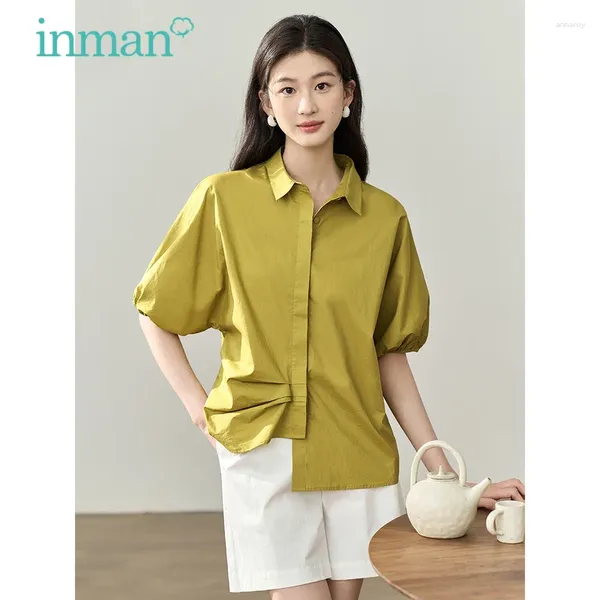 Kadın bluzları Inman kadın gömlekleri 2024 yaz dolman kol polo boyun gevşek bluz düzensiz pilili etek moda rahat yeşil tepeler