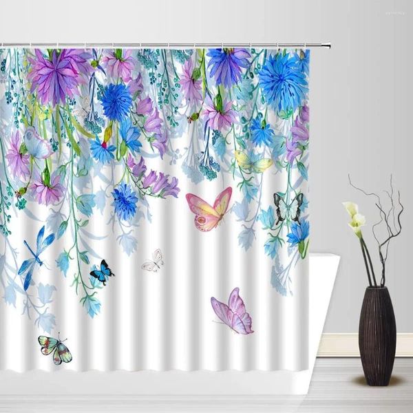 Duschvorhänge Pflanze Blumenvorhang Aquarell Blumen Schmetterling Frühling Bauernhaus moderne Stoff Badezimmer Dekor Polyester Haken