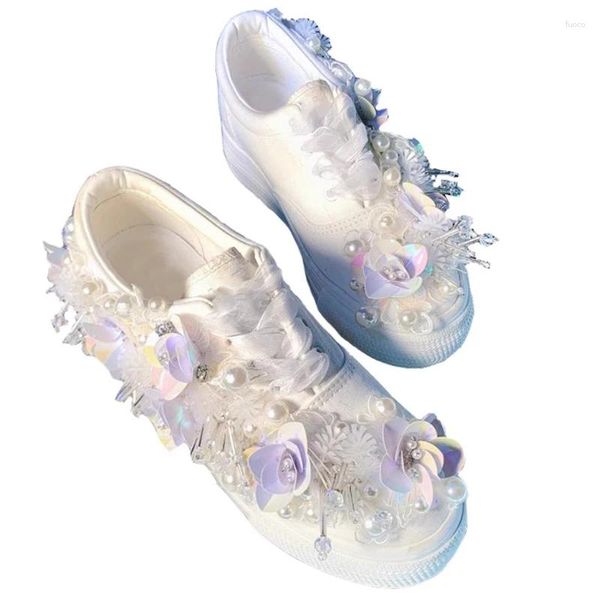 Scarpe casual sneakers bianchi design paillettes diamantato in pizzo floreale 3cm piattaforma spessa suola versatile tela da donna