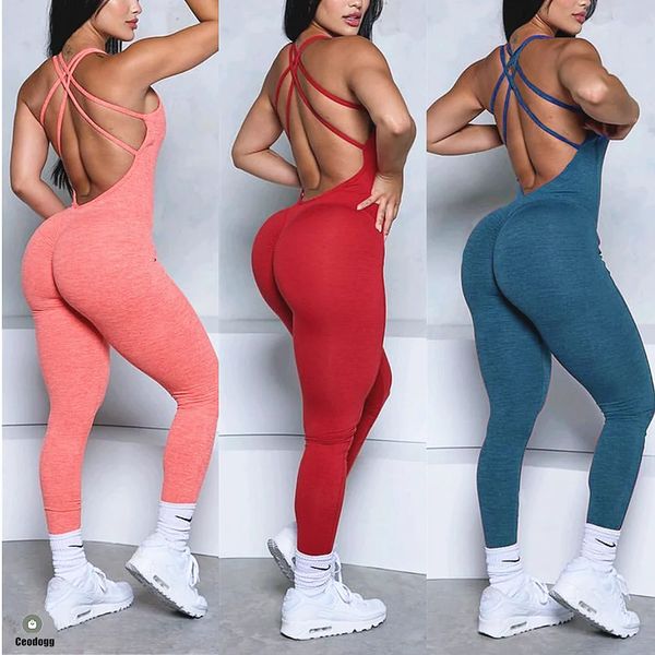 Pad Cross Back Women Lycra Fitness Fitnessstudio Ein Stück Jumpsuit Leggings Workout Hosen Hosen weibliche Shorts Active Wear Sport Outfit Anzug 240408