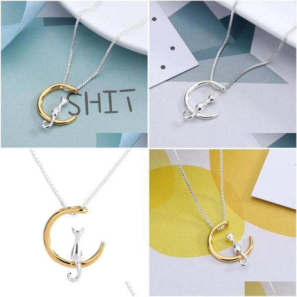 Anhänger Halsketten Mode Cat Moon Halskette Charm 14k Gold Farbverbindungskette für Haustier Glück Schmuck Frauen Geschenke Drop Lieferung Anhänger Dhap9