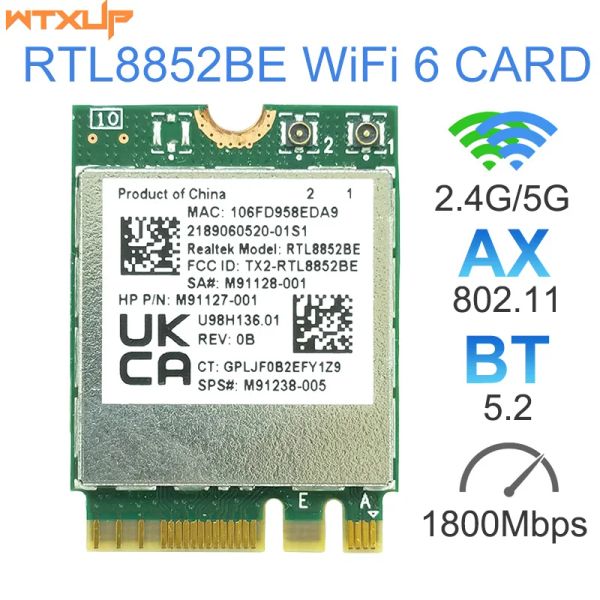 Karten WiFi 6 Dual -Band AX1800 Realtek RTL8852BE M.2 NGFF -Adapter Bluetooth 5.0 Wireless 802.11AX 2.4G/5G WLAN WiFI -Karte für Laptop/PC