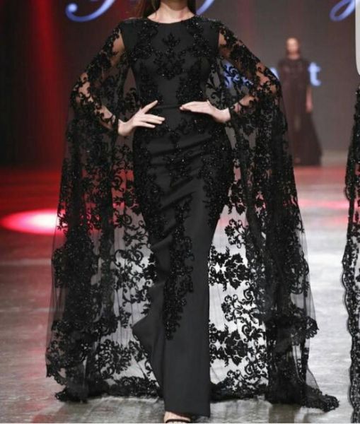 Applique in pizzo nero Arabico Dubai Prom delle occasioni Abiti con Cape 2019 Monest Fashion Crew a tutta lunghezza Yousef Aljasmi Abiti da sera2804773