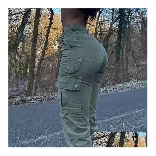 Damenhose Capris 2023 Ropamujer Frauen Solid Farb Workwear mit mtiplosen Taschen lässig hohe Taille modische vielseitige Tro -Mens -Auto Otqis