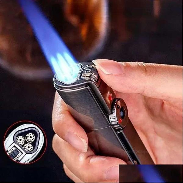 Lighters Jobon No Gastorch Accendino Powerf Tre blu dritta a fiamma a fiamma a fiamma Vorkeoff per sigari a spruzzo a spruzzo a spruzzo Gadget maschile dhgp7