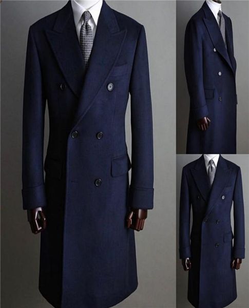 Navy Blue Woolen Mens Long Coat Giacca inverno Groom Blazer per balli per feste su misura per le feste a doppio matrimonio solo un pezzo 6475835