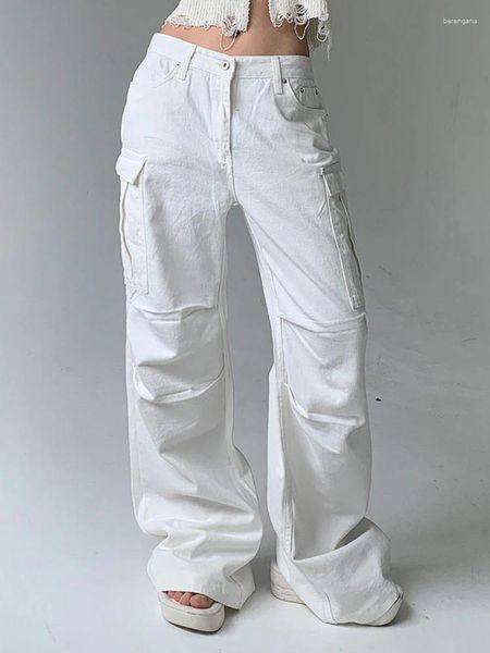 Kadınlar kot pantolonlu vintage beyaz gevşek denim kargo pantolon yüksek yükseliş büyük cepler dikişli sokak kıyafeti moda rahat retro