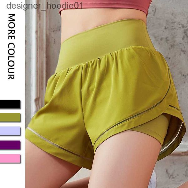 Damen-Shorts 4 Insseam Lose Sport Hotty Hot Yoga Shorts Anti-Exposition Schnelltrocknend gewebte gefälschte zweiteilige Kurzfitness-Fitness-Kleidung C240413