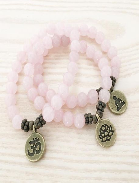 SN1107 Bracelete de quartzo rosa genuíno Antique om buddha lotus charme presente para HER8757671