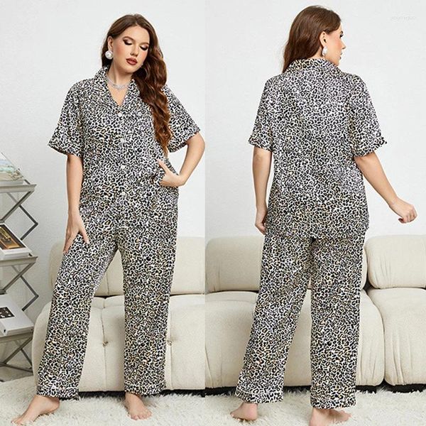 Frauen Nachtwäsche Sommer Satin Leopard Print Übergroßer Pyjama Fashion Casual Set sexy Heimkleidung Intime Dessous Loungewear