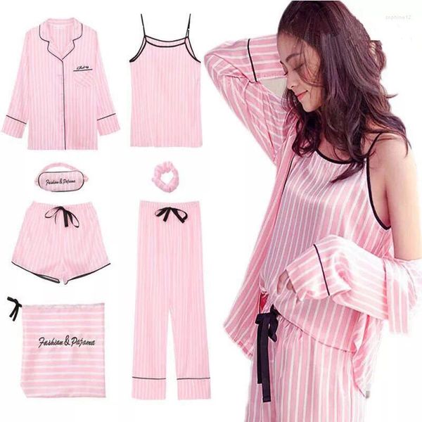 Heimkleidung Kawaii Frauen Pyjama Set Satin Seidenrosa 7 Stück Sets süßer Korea -Stil Schlafpyjamas für Frau Pijamas Dessous Homewear